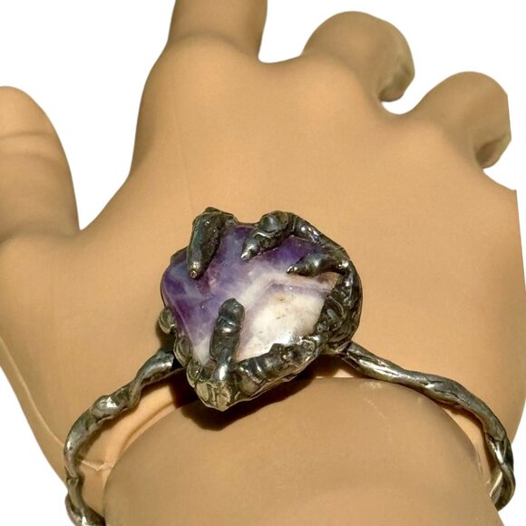 Handcrafted Amethyst Stone Claw Bangle Bracelet With Silver Blend Twist Design - Picture 11 of 11